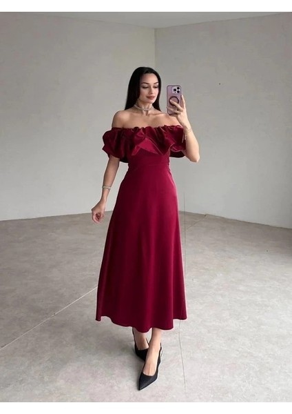 Bordo Omuz Büzgülü Saten Elbise