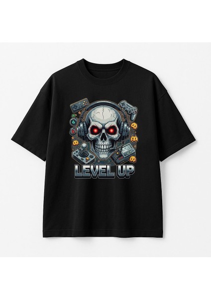 Gamer Skull Baskılı Unisex Bisiklet Yaka Pamuk Oversize T-Shirt