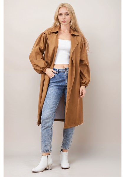 Kadın Kuşaklı Kruvaze Yaka Taba Kolu Lastikli Trençkot fiyatları