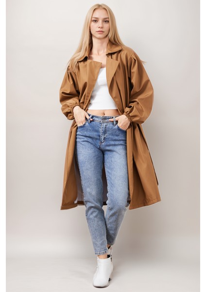 Kadın Kuşaklı Kruvaze Yaka Taba Kolu Lastikli Trençkot fırsatları