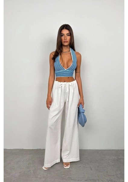 Çizgili Boyun Bağlamalı Crop