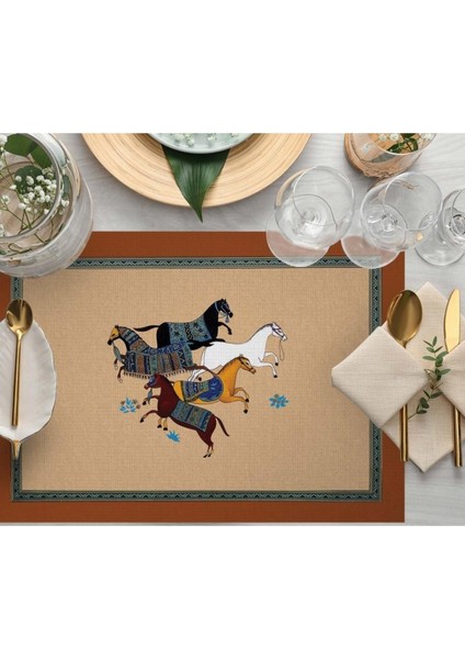 Figüratif At Kumaş Amerikan Servis 4'lü Set 35X50CM Keten Kumaş Ulusl.yıkama ve Solmama Sertifikası