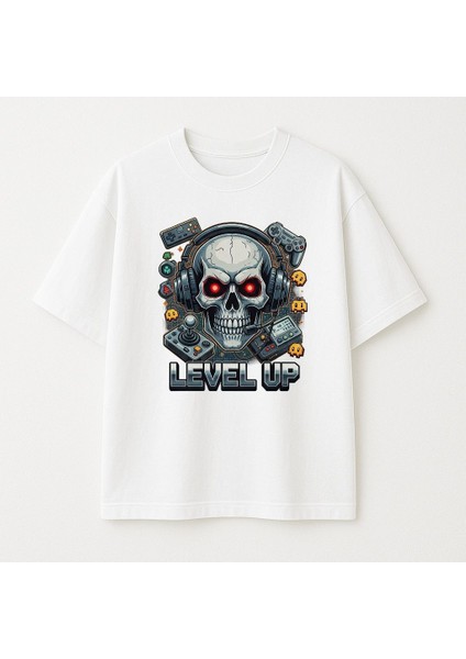 Gamer Skull Baskılı Unisex Bisiklet Yaka Pamuk Oversize T-Shirt