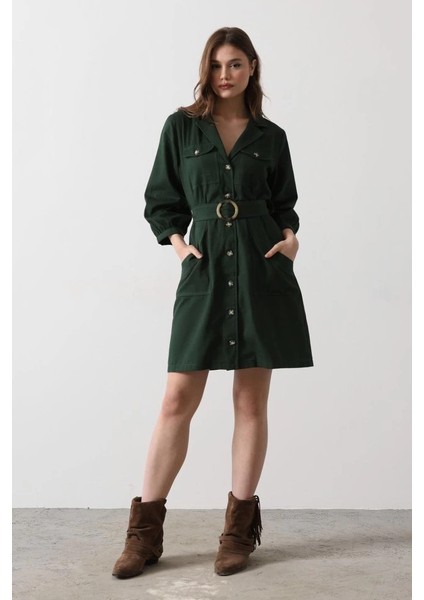 Kemer Detaylı Gabardin Elbise - Haki modelleri