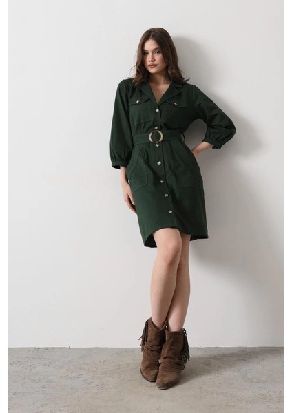 Kemer Detaylı Gabardin Elbise - Haki fırsatları