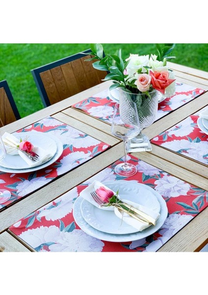 Red - White Rose Kumaş Amerikan Servis 4'lü Set - (Keten Kumaş Ulusl. Yıkama ve Solmama Sertifikası)