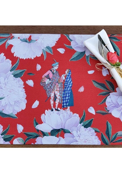 Red - White Rose Kumaş Amerikan Servis 4'lü Set - (Keten Kumaş Ulusl. Yıkama ve Solmama Sertifikası) fırsatları