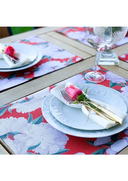 Red - White Rose Kumaş Amerikan Servis 4'lü Set - (Keten Kumaş Ulusl. Yıkama ve Solmama Sertifikası)