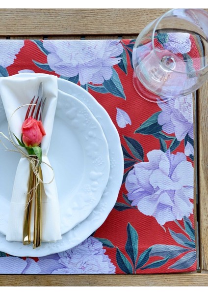 Kırmızı White Rose Kumaş Amerikan Servis 4'lü Set 35X50CM