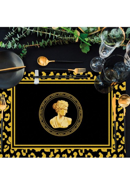 Siyah Büst Detaylı Amerikan Servis 4'lü Set 35X50CM (Keten, Ulusl. Yıkama ve Solmama Sertifikası)