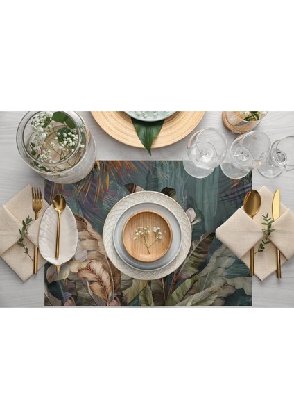 Tropikal Yaprak Tasarımlı Kumaş Amerikan Servis 4'lü Set Keten, Ulusl. Yıkama ve Solmama Sertifikası fiyatları