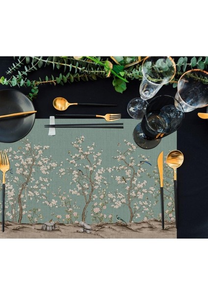 Yeşil Kuşlu Bahçe Kumaş Amerikan Servis 4'lü Set 35X50CM