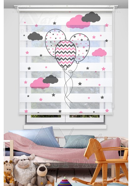 Pembe Gri Balon Baskılı Plise Pano Perde - Dijital Baskılı Zebra Stor Perde