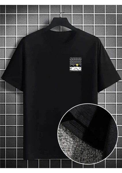 Erkek Dağ Grafikli Tişört, Yaz Için Büyük Beden Rahat T-Shirt - Siyah