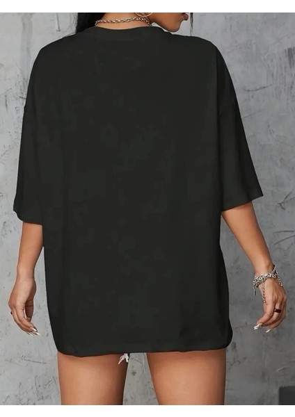 Baskılı Oversize Bisiklet Yaka T-Shirt - Siyah fırsatları