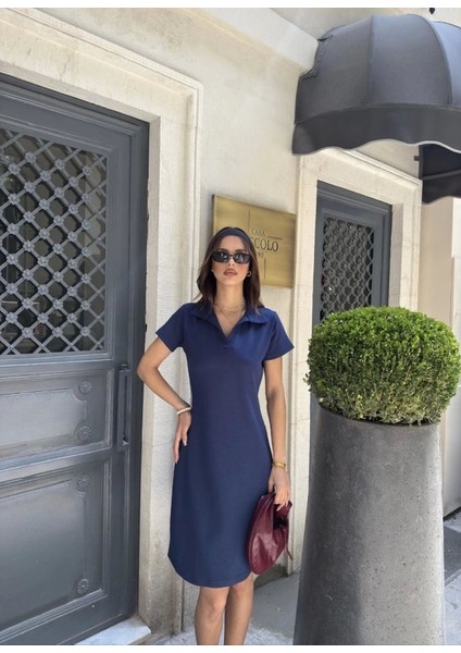 Osy Modal Yumuşak Dokulu Kumaş Yakalı Kısa Kollu Elbise - Mavi modelleri