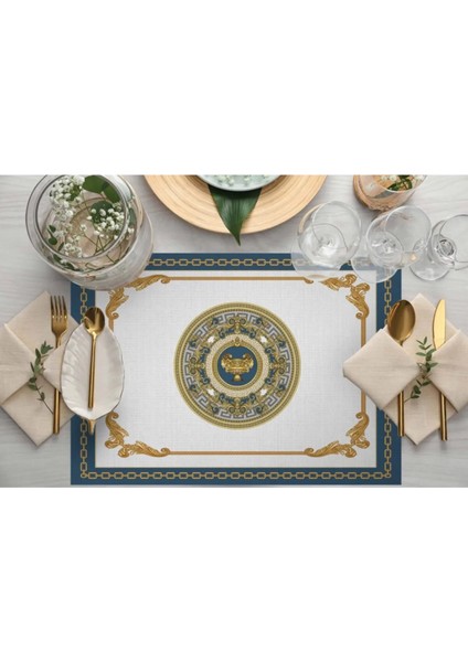 Mavi Barok Desen Kumaş Amerikan Servis 4'lü Set 35X50CM Keten, Ulusl. Yıkama ve Solmama Sertifikası