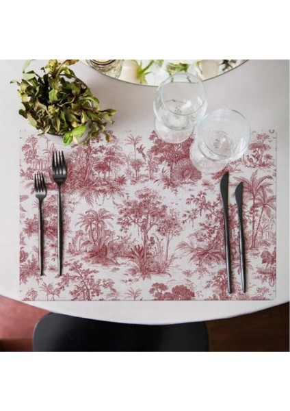 Saklı Bahçe - Kırmızı Kumaş Amerikan Servis 4'lü Set (Keten, Ulusl. Yıkama ve Solmama Sertifikası)