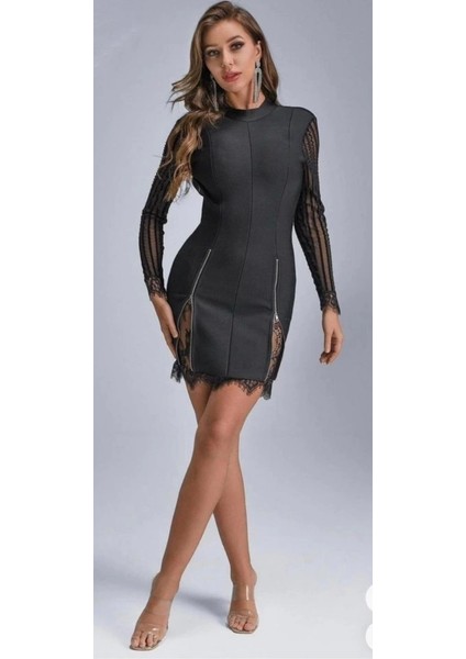 Kadın Kolları ve Etek Ucu Dantel Detay Fermuar Dekolteli Skuba Kumaş Mini Elbise modelleri