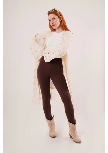 Delikli Geçişli Püskül Detay Uzun Triko Krem Hırka fiyatları