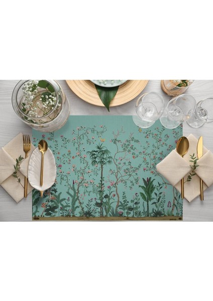 Turkuaz Renkli Çiçek Tasarımlı Kumaş Amerikan Servis 4'lü Set - Ulusl. Yıkama ve Solmama Sertifikası