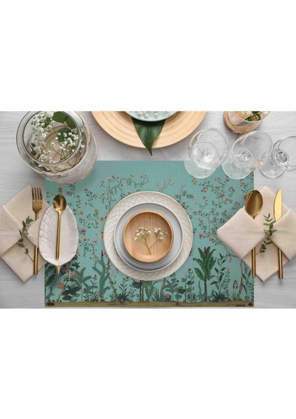 Turkuaz Renkli Çiçek Tasarımlı Kumaş Amerikan Servis 4'lü Set - Ulusl. Yıkama ve Solmama Sertifikası fiyatları