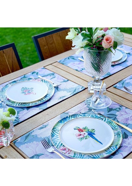 Blue - White Rose Kumaş Amerikan Servis 4'lü Set - 35X50 Keten, Ulusl.yıkama ve Solmama Sertifikası