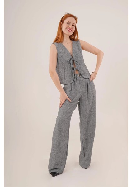 Ön Bağlama Detaylı Yelek ve Pantolon Antrasit Ikili Takım