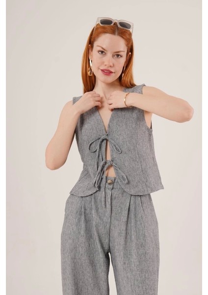 Ön Bağlama Detaylı Yelek ve Pantolon Antrasit Ikili Takım modelleri