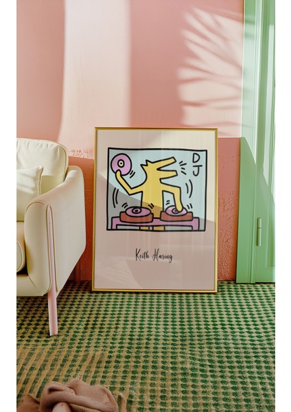Keith Haring - Dj - Doğal Ahşap Çerçeveli Tablo