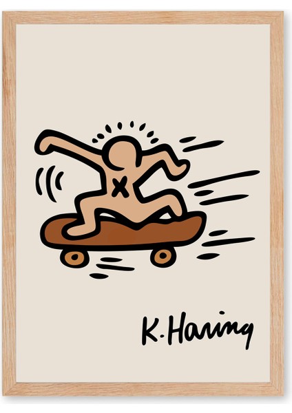 Keith Haring - Skateboard - Doğal Ahşap Çerçeveli Tablo