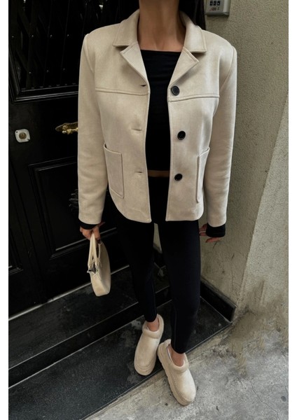 Süet Crop Ceket Cep Detaylı - Taş modelleri