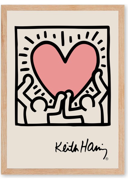 Keith Haring - Heart - Doğal Ahşap Çerçeveli Tablo