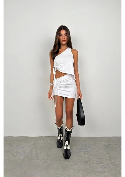 Asansörlü Tek Omuz Asimetrik Bluz