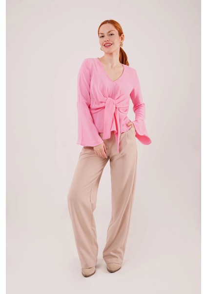 Ön Bağlamalı Volan Kol Pembe Bluz fiyatları