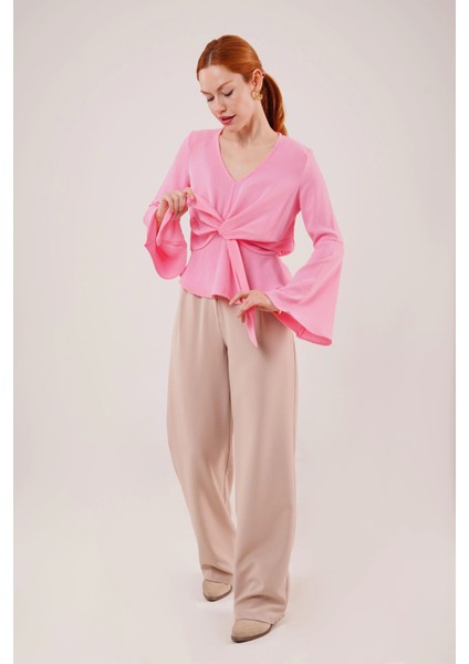 Ön Bağlamalı Volan Kol Pembe Bluz modelleri