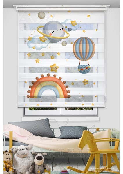 Sevimli Ay Gökkuşağı ve Balon Baskılı Çocuk Odası Perdesi - Dijital Baskılı Zebra Stor Perde
