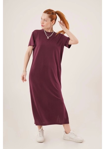 Yırtmaç Detaylı Kısa Kollu Salaş Maxi Bordo Elbise fırsatları