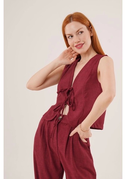 Ön Bağlama Detaylı Yelek ve Pantolon Bordo Ikili Takım fiyatları