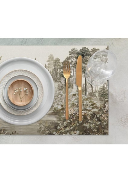 Ağaç Manzaralı Kumaş Amerikan Servis 4lü Set 35X50CM Keten Kumaş Ulusl.yıkama ve Solmama Sertifikası fiyatları