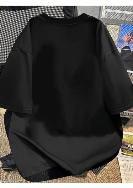 Baskılı Oversize Bisiklet Yaka T-Shirt - Siyah fiyatları