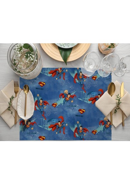 Blue Superman Kumaş Amerikan Servis 4'lü Set (Warner Bros Lisanslı Ürün, Keten Kumaş)