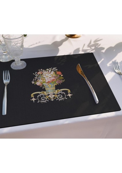 Siyah Figüratif Çiçek Kumaş Amerikan Servis 4'lü Set (Keten, Ulusl. Yıkama ve Solmama Sertifikası)