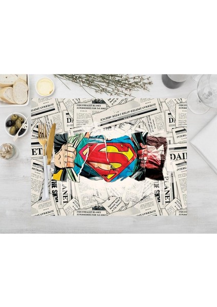 Superman Kumaş Amerikan Servis 4'lü Set 35X50CM (Warner Bros Lisanslı Ürün, Keten Kumaş)