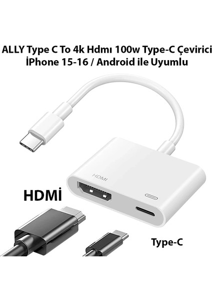 Ally Type C To 4K Hdmı 100W Type C Çevirici Iphone 15 Iphone 16 ANDROID-(1903) fiyatları