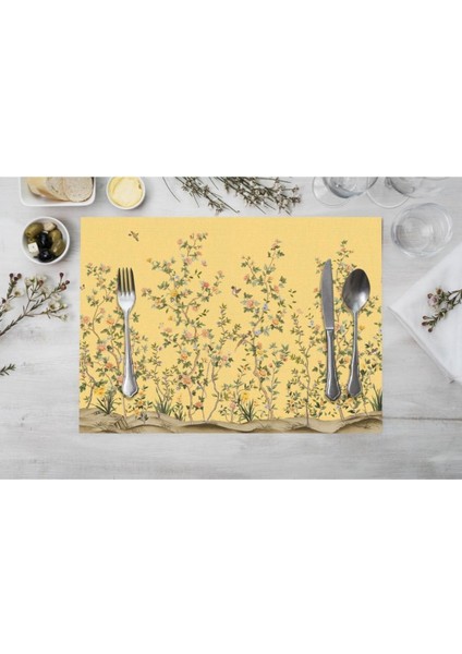 Sarı Çiçek Tasarımlı Kumaş Amerikan Servis 4'lü Set Keten Kumaş Ulusl. Yıkama ve Solmama Sertifikası