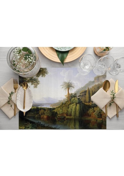 Yeşil Orman Manzaralı Kumaş Amerikan Servis 4'lü Set (Keten, Ulusl. Yıkama ve Solmama Sertifikası)