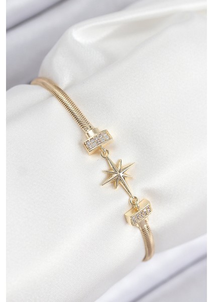 Pirinç Zirkon Taşlı Kutup Yıldızı Model Gold Renk Kadın Bileklik