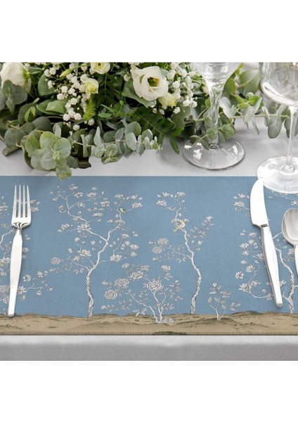 Çiçek Tasarımlı Mavi Kumaş Amerikan Servis 4'lü Set (Keten, Ulusl.yıkama ve Solmama Sertifikası)