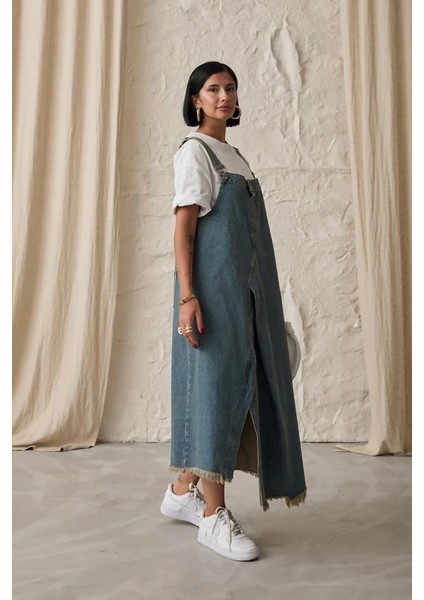 Mavi Askılı Düğmeli Kot Elbise fiyatları